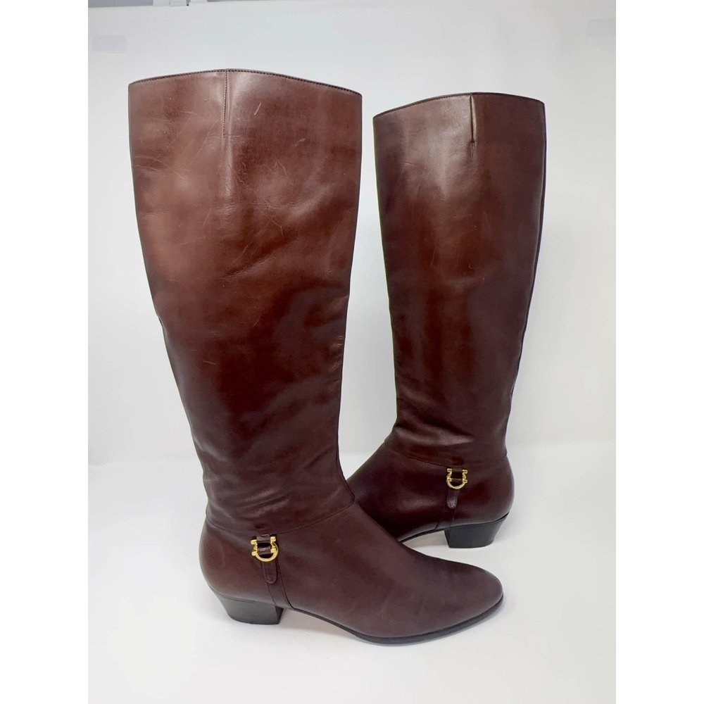 Salvatore Ferragamo Brown Leather Knee High Boots Size 7 AA Zip Up Italy Gold‎